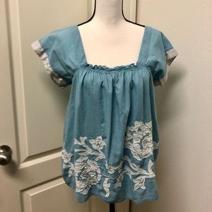 Final SALE ✨ Anthro | Floreat Robin Egg Blue Floral Embroidered Blouse, Sz. 8